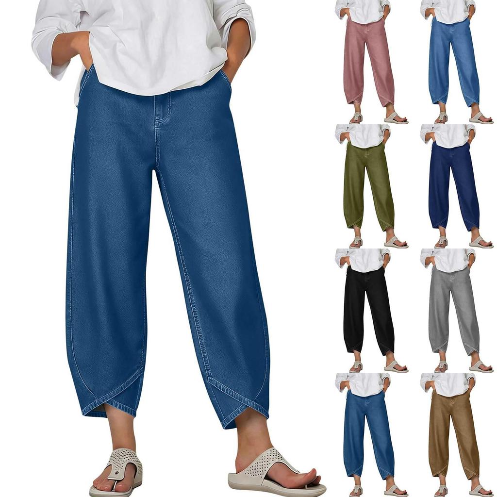 Women's Fashion Color Denim-Patterned Petal- Pocket Casual Pants