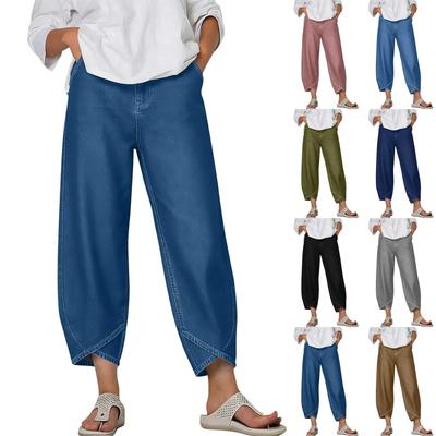 Women’s Loose Fit Cropped Wide Leg Pants with Hem Design Casual Elastic Waist Trousers for Everyday Wear