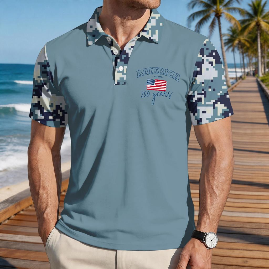 Men's Loose Fit Casual Polo Shirt Short Sleeve Flag Print Button Down Collar Lightweight Breathable Fabric Summer Top