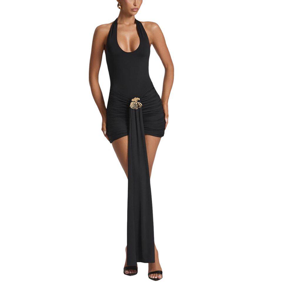 European & American Style 2025 Summer Women's Slimming Backless Solid Color Halter Bodycon Dress