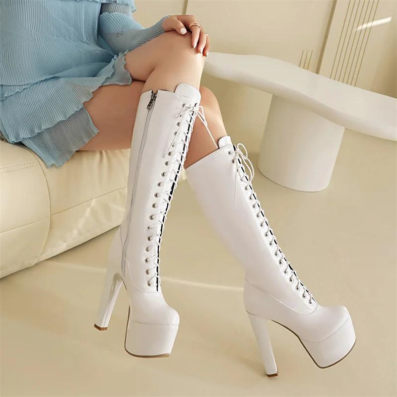Red High Knee Boots Women Platform Sexy Luxury White Black Heels Women's Winter High Boot Party Dance Shoes Lady Big Size 45