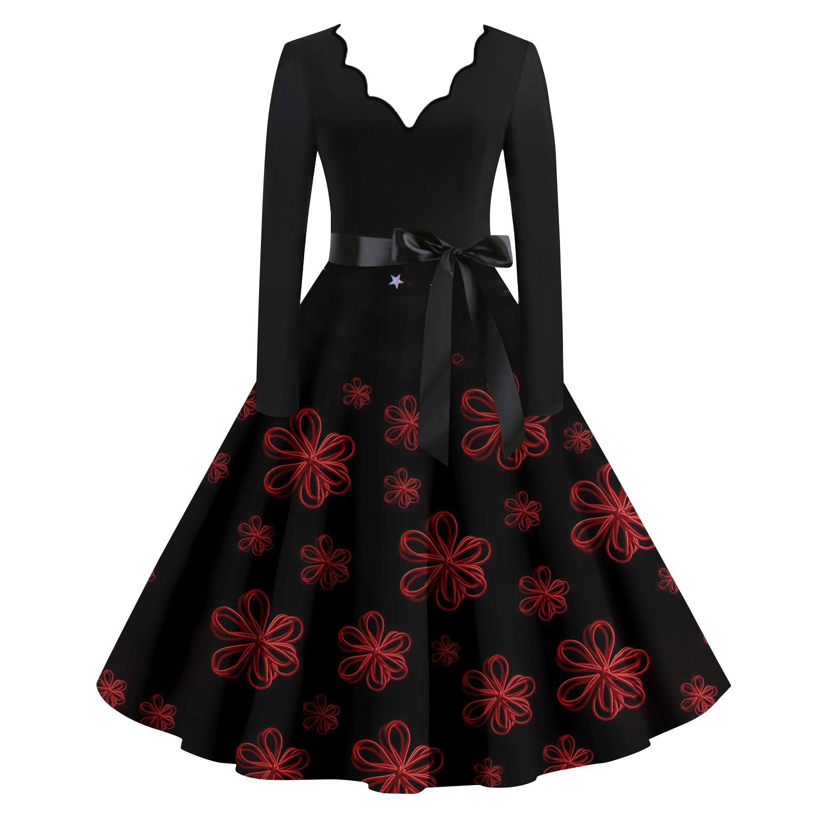 

Женское повседневное модное платье с V-образным вырезом и длинными рукавами в стиле ретро с рождественским принтом в стиле ретро, осень L винный