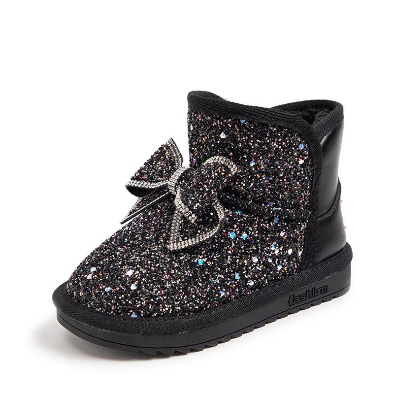 

Children Princess Boots Girls Butterfly Knot Glitter Sequin Snow Warm Shoes Thickened Velvet Shoes Soft Bottom Non-slip Boots 28 чорний