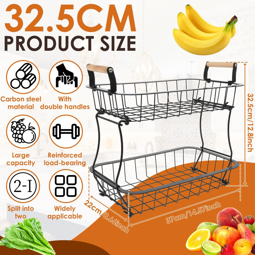 2-Tier Fruit Basket Detachable Metal Countertop Fruit Vegetable Basket with Wooden Handles for Bread Snack Veggies Storage NEW