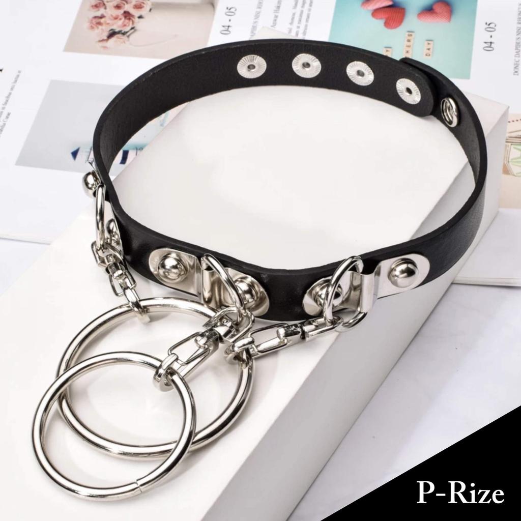 Genuine Cow Leather Choker Punk Black Heavy Lock Ring Type V Visual Gothic Landmine Sick Harajuku Collar Human Costume Cosplay [P-Rize] Women's Men's