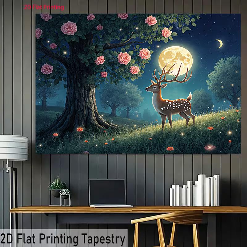 2D Magical Night Deer Backdrop Moonlight Forest Photography Background