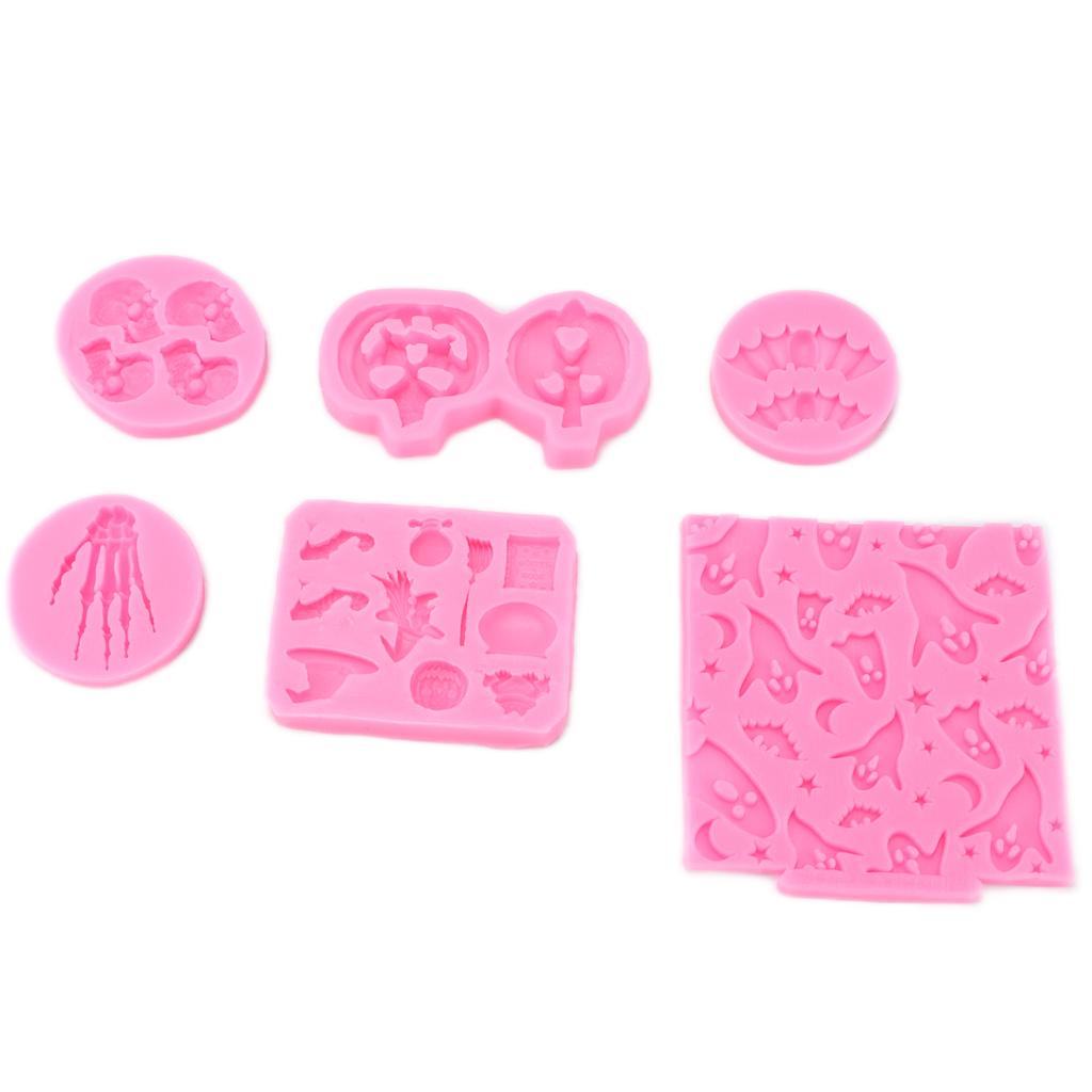 6 Stück Halloween Silikonform Gespenst Skelett Handfläche Fledermaus Langlebig Antihaftbeschichtet Halloween Fondantformen für Zuhause Bäckerei Studio