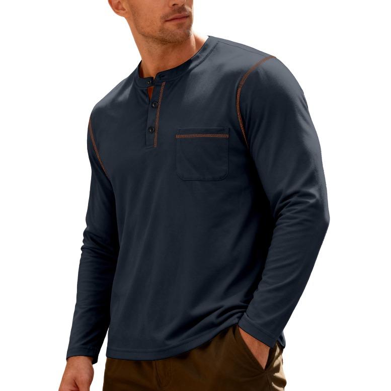 Fashion European and American fashion spring and summer men s long-sleeved stand-up collar Henry shirt, solid color business leisure sports long-sleev S