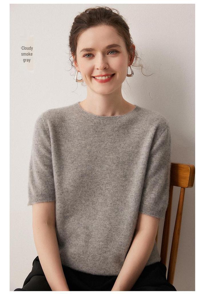 100% Pure Cashmere Round Neck Short Sleeve Pullover Sweater - Solid Color, Loose Fit for Autumn/Winter