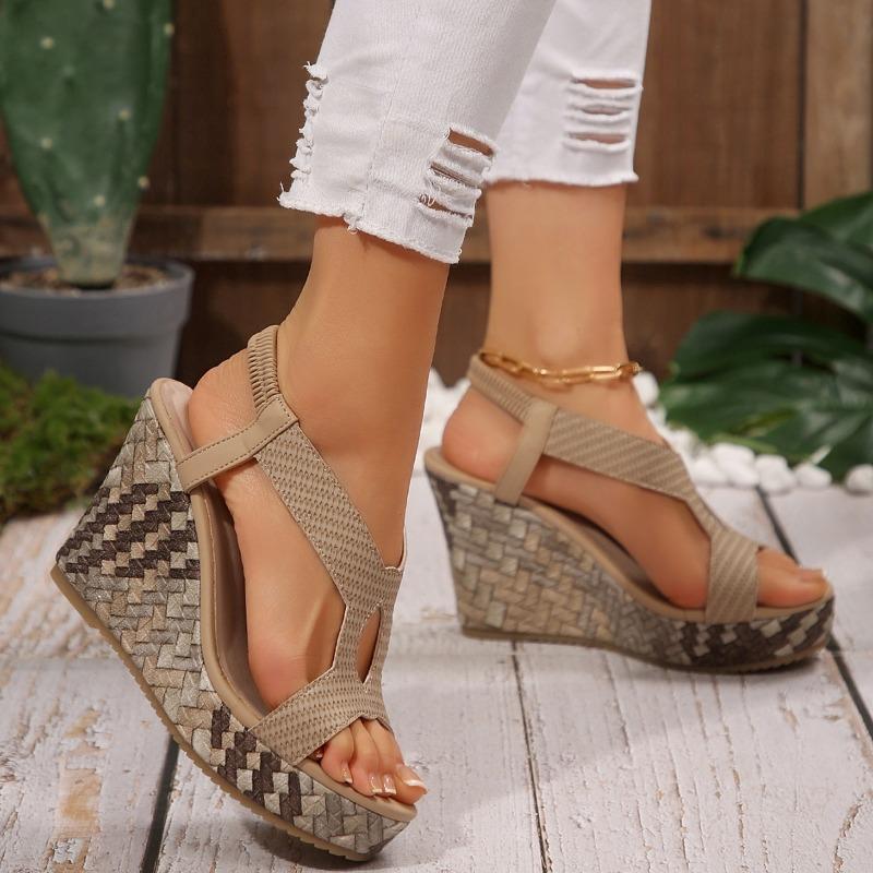 Summer New Fish Mouth Hollow Elastic Sandals Water Table Thick-soled Women's Woven Thick-soled Wedge Heel Sandals Women