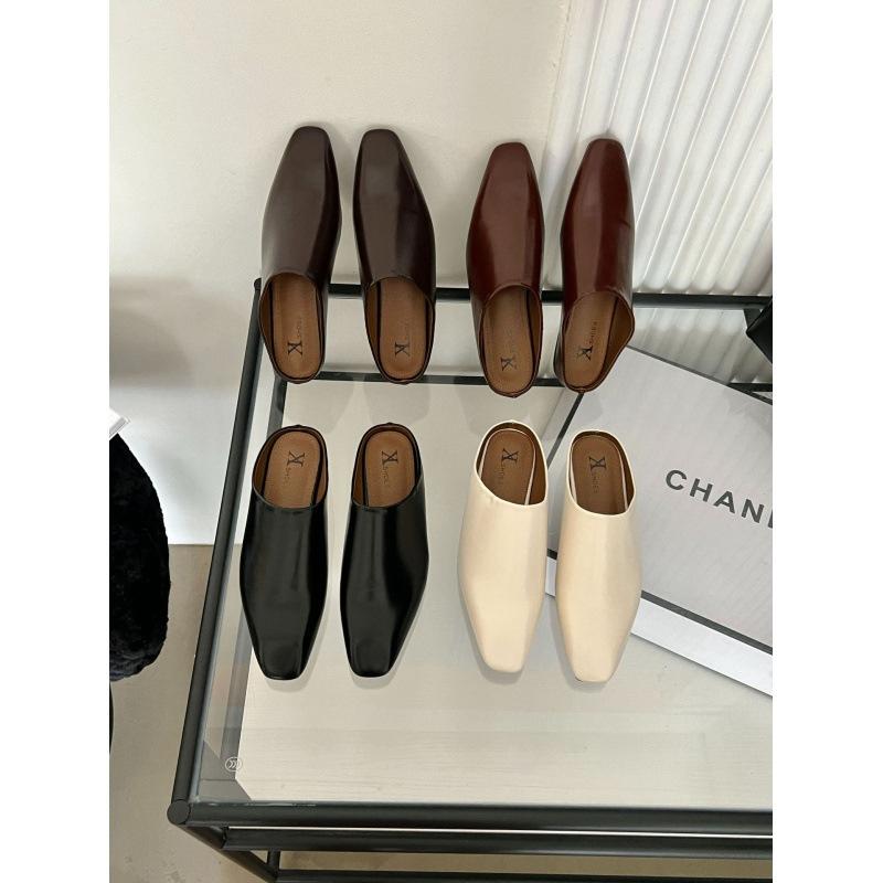 2025 primavera y otoño nuevo bolso versión coreana cabeza arrastre medio simple cabeza cuadrada retro zapatillas perezosas medias zapatillas zapatos planos