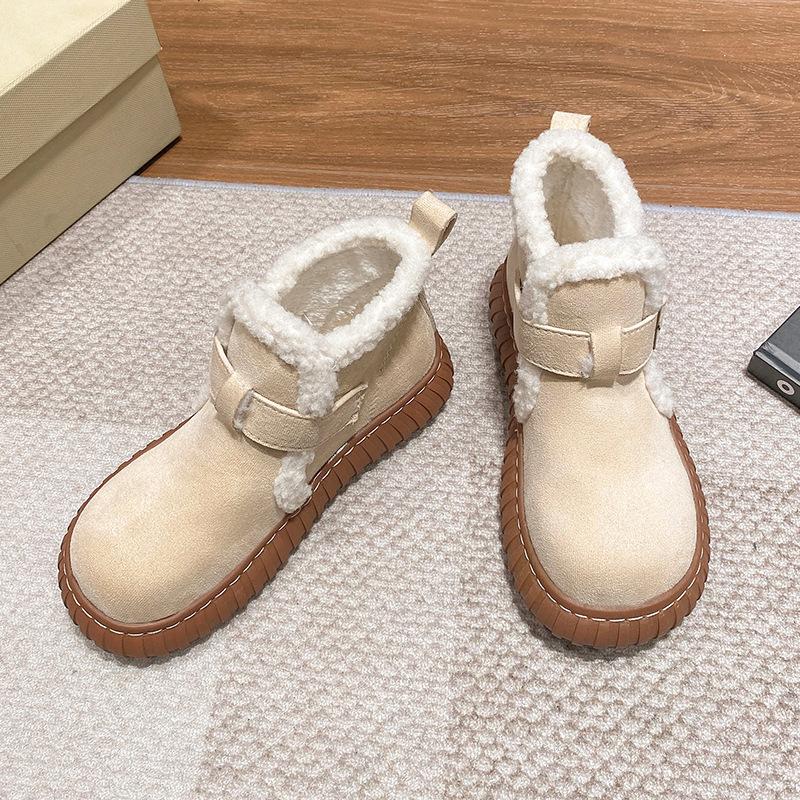 

Флис, утолщенные и некрасивые, милые нескользящие хлопковые туфли-хлебушки, модные новинки осени и зимы 2025, женские сноубутсы на толстой подошве в северо-восточном стиле 40 бежевый