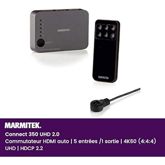 Switch HDMI 4K - Marmitek - Connect 350 UHD 2.0 - 5 Entrées - Ultra HD 60Hz - Commutation Automatique