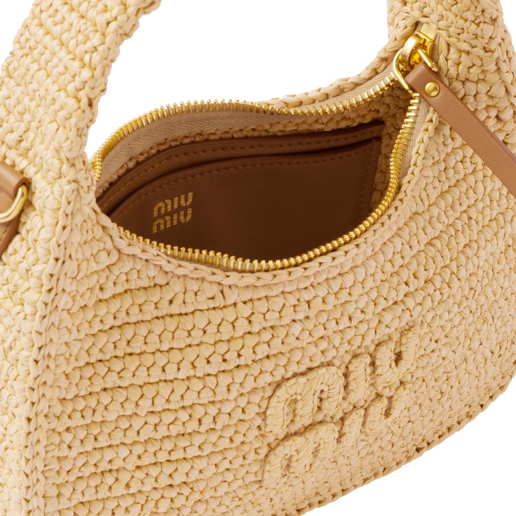 Miu Miu Wander Series Fashion Simple Embroidered Logo Zipper Closure Crochet Woven Fabric Hobo Bag Women bags Beige 5BC125_2F73_F0018_V_OOO