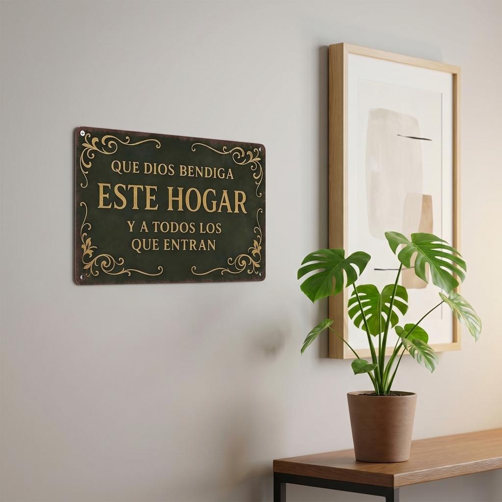 Vintage Metal Sign Que Dios Bendiga Este Hogar Decorative Wall Plaque for Home Interior Outdoor Use Rustic Style