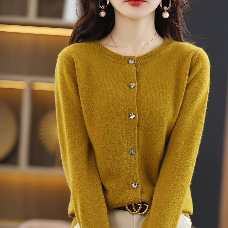 Women's Korean Style Cashmere Cardigan - Round Neck, Long Sleeve, Loose Fit, 100% Wool Knit Top for Spring/Autumn