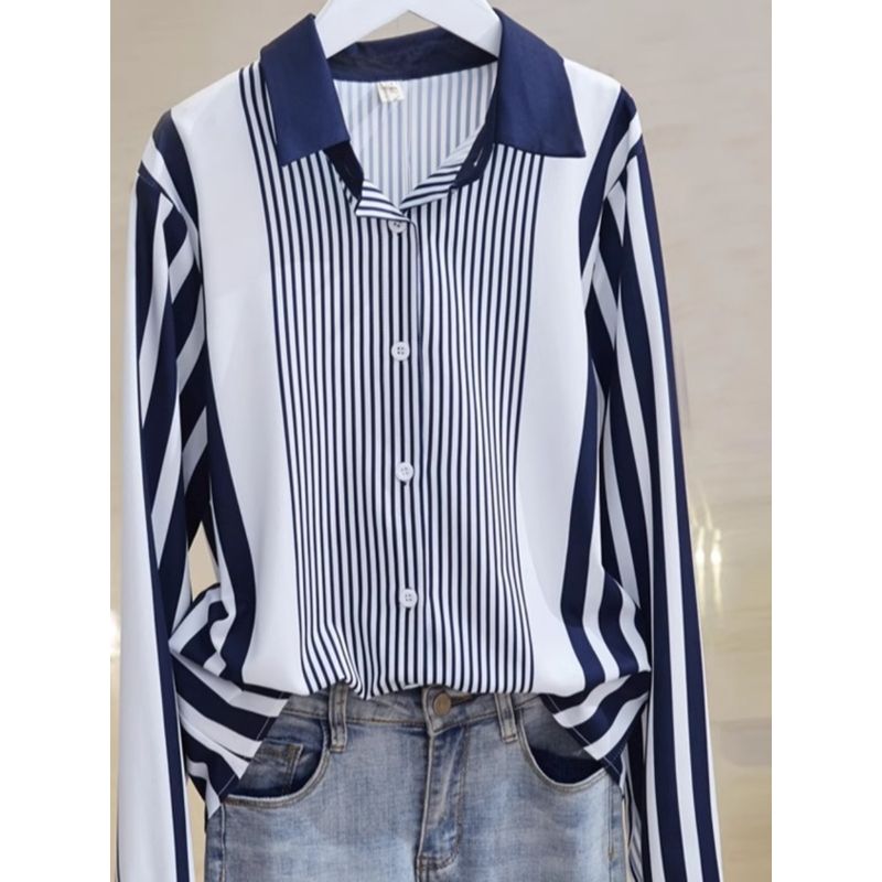 Fall New Arrival Plus Size Women's Clothing Fat Sister Fashion Single-Breasted Stripes Chiffon Long Sleeve Shirt Top Trendy S-4XL