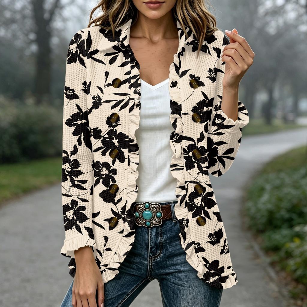 Women's Fashion Floral Print Long Sleeve Ruffle Open Front Cardigan for Casual Wear