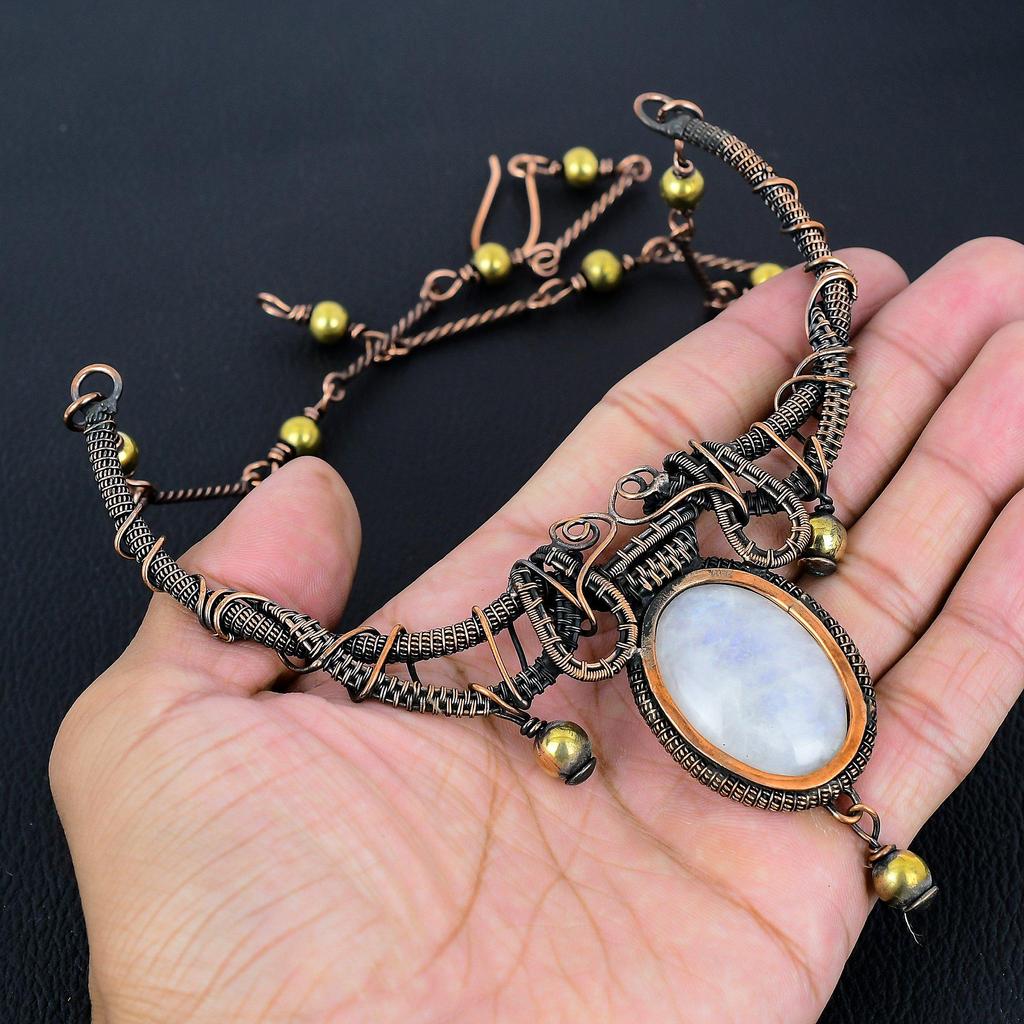 Rainbow Moonstone 999 Copper Wire Wrapped Necklace Adjustable, Chain Necklace Handmade Gemstone, Gift For Mom Antique Jewelry
