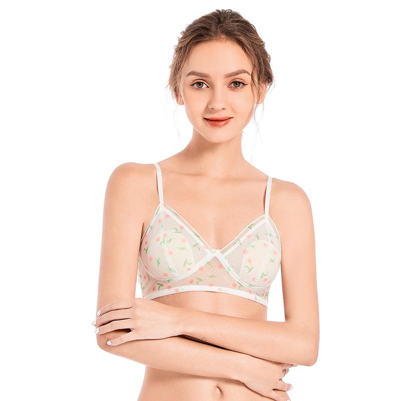 Mesh Trendy Floral Ear-free Underwear Thin Section Steel Ring-free Spaghetti Straps Double-breasted Bra Triangle Cup
