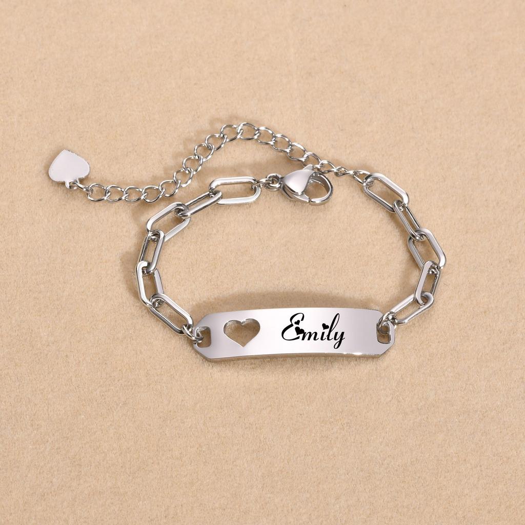 Engraved Custom Name ID Bracelet With Heart for Little Boy Girl, Stainless Steel Personalized Jewelry Birthday Gift