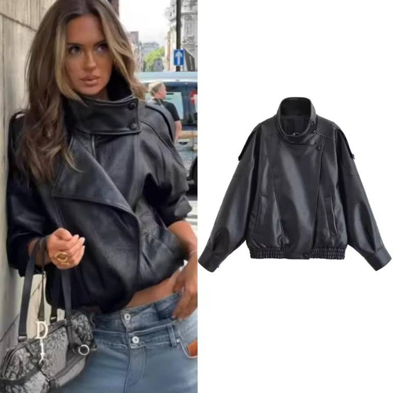 Women's Jacket Black Long Sleeve Faux Leather Jacket Motorcycle Style Personality Fashion