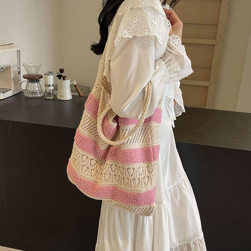 Yogodlns Модная винтажная полосатая вязаная сумка-тоут с цветными блоками — фото 3