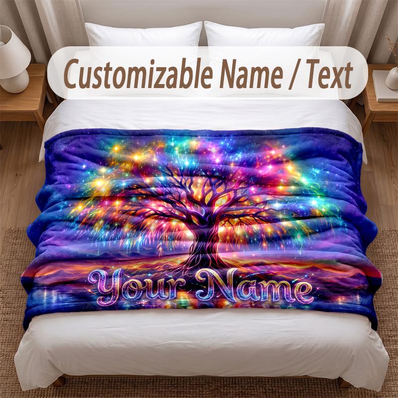 Tree of Life Theme Soft Blanket Personalized Custom Name Text Print Warm Blanket Home Sofa Bedroom Decor