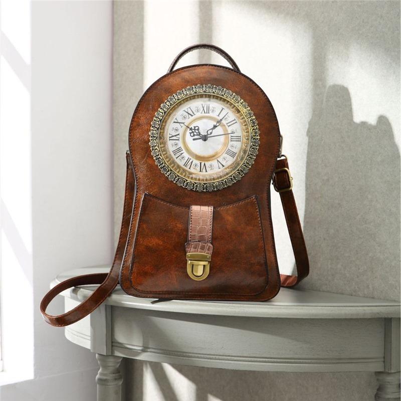 Girlsiii Shoes Dark Brown Personalized Clock Oblique Span Bag Creative Clock Shape Three-Dimensional Portable Shoulder Bag