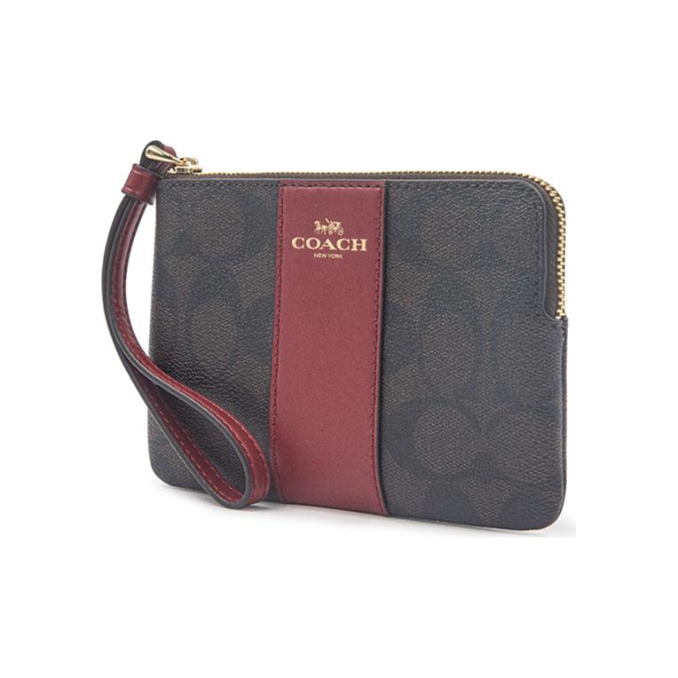 Coach Corner Zip Monogram Canvas And Leather Wristlet Clutch Coin Purse Women Wristlet Dark-Brown Red 58035-IMRVQ