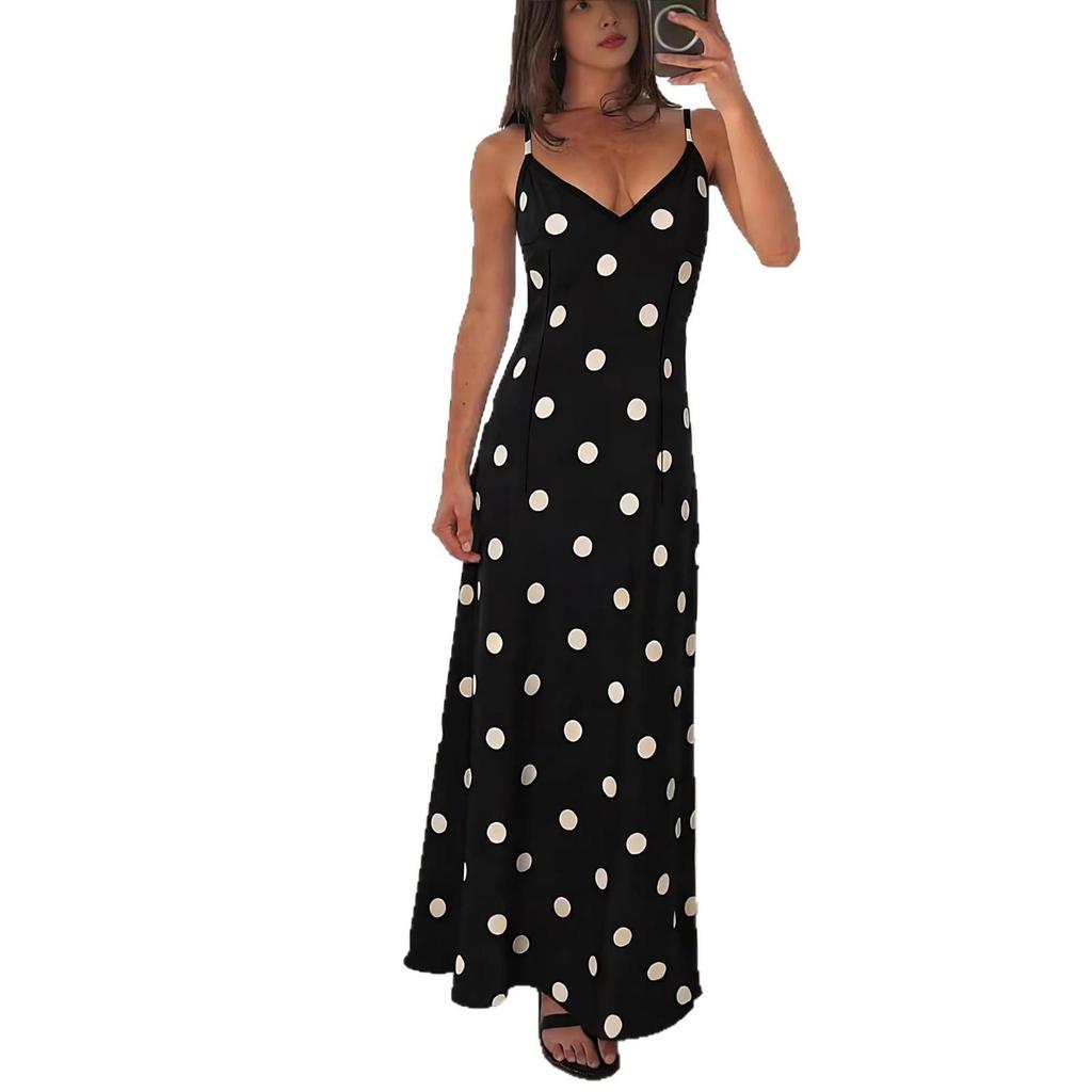 2026 Retro Polka Dot V-neck Satin Camisole Dress - European & American Style, Slimming Midi A-line Skirt for Women