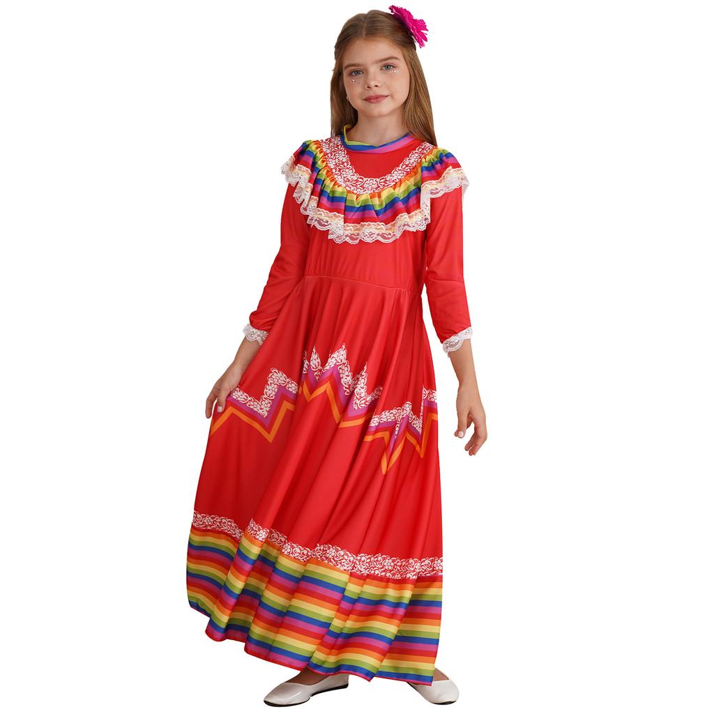 Kids Girls Mexican Traditional Jalisco Folk Dance Dress Halloween Costume with Flower Hair Clip