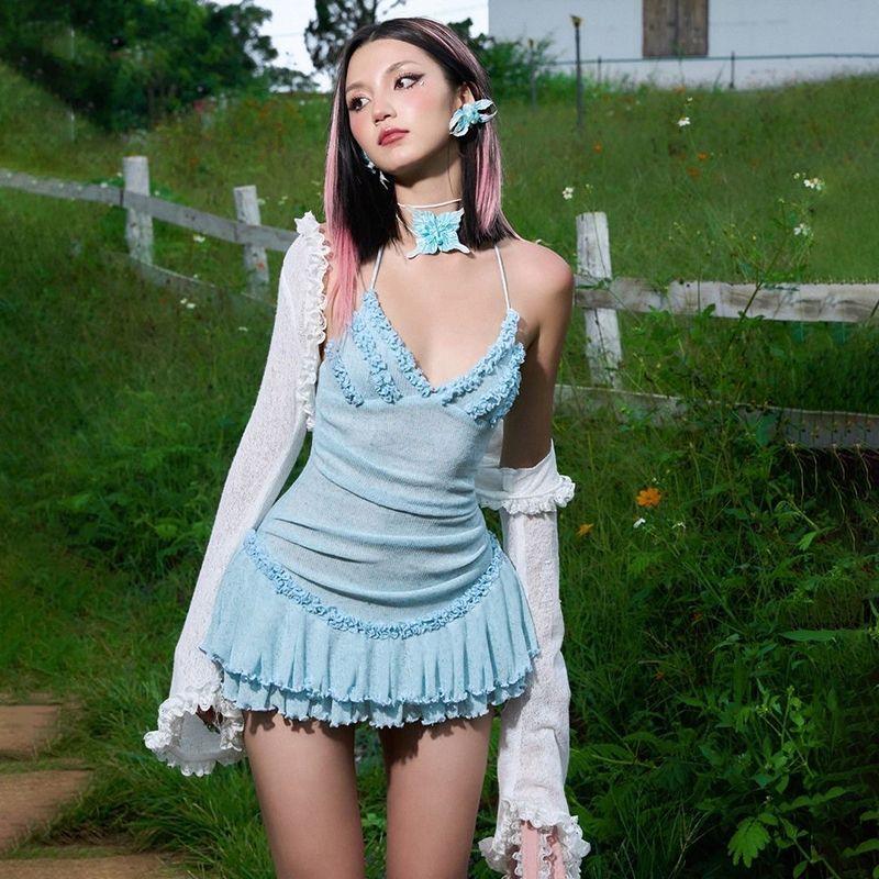 

# Sisjuly# Свежий макарон Молодежный V-образный вырез Со сборками Кружево Приталенный Инвернесс Платье Костюм Женский Blue Skirt S