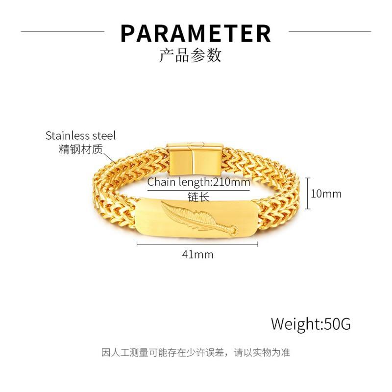 European American Retro Punk Style Personalized Fashion Stainless Steel Design Feather Plated Gold Bracelet Men