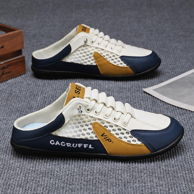 2025 autumn new breathable hole shoes men's bag head slippers mesh shoes Korean version casual half-drag men's shoes