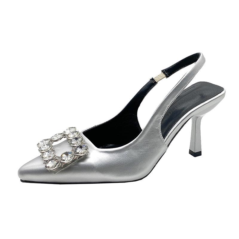 Temperament pointed rhinestones with skirts, high heels, new banquet flash diamonds, square buckle straps, high heels