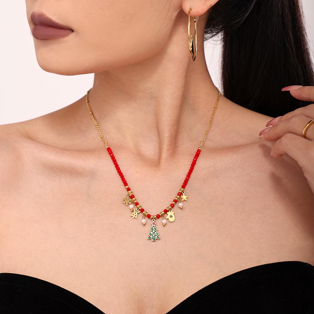 Ferris Wheel Enamel Christmas Zircon Tree Pendant Necklace - European & American Light Luxury Stainless Steel Jewelry