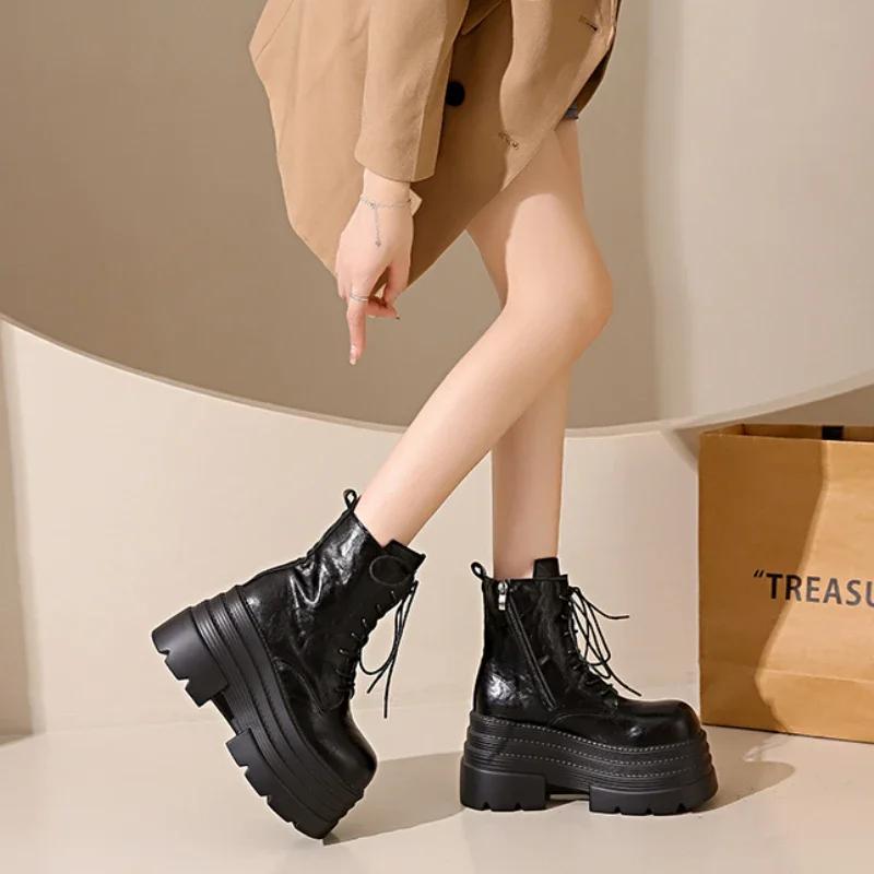 Women High Platform Boots Gothic Leather Punk Shoes Female Ankle Short Combat Boots 10.5CM Wedge Heels Chunky Motorcycle Boots