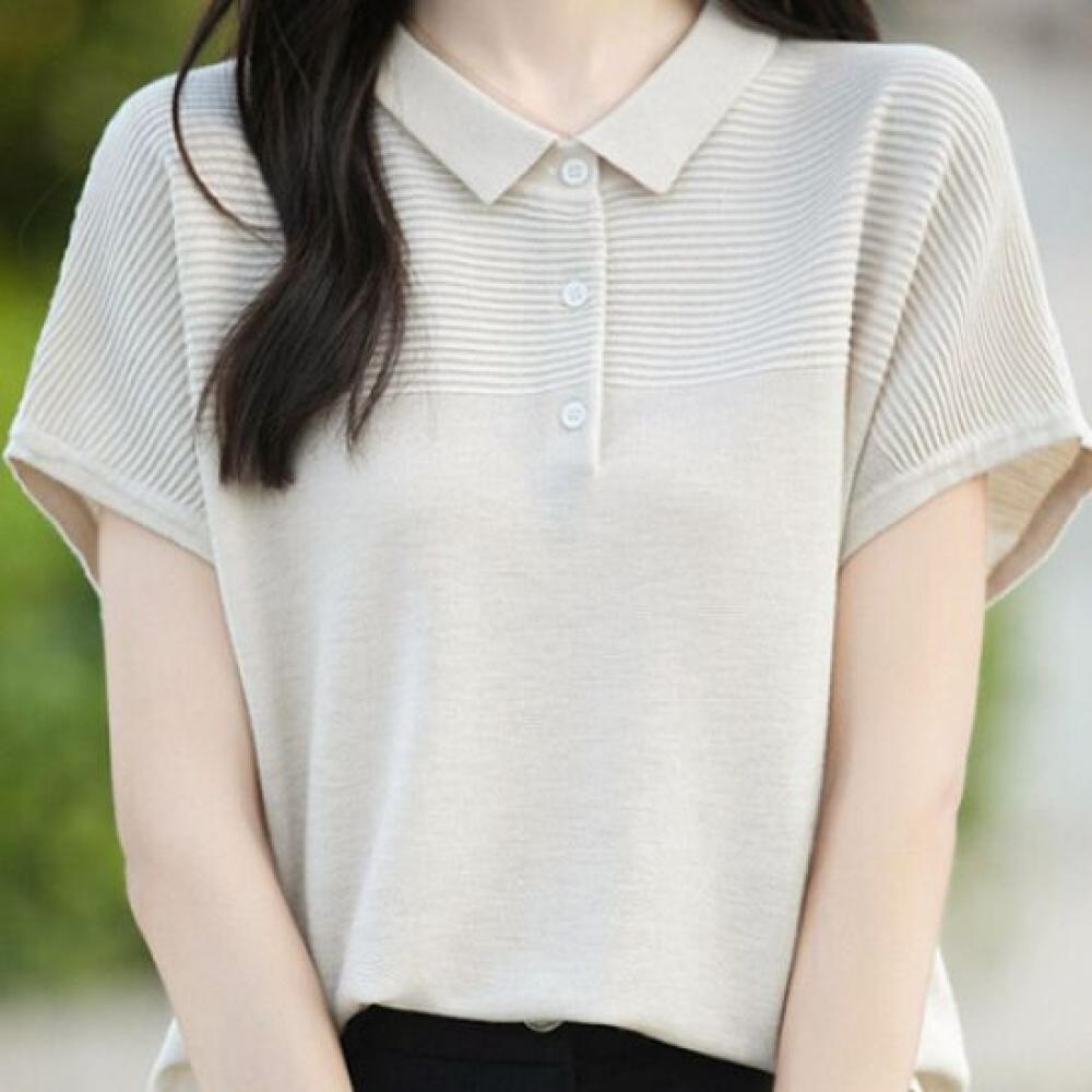 Navava Women Simple Rib Cap Sleeve Collar KniT T shirT Nk2212