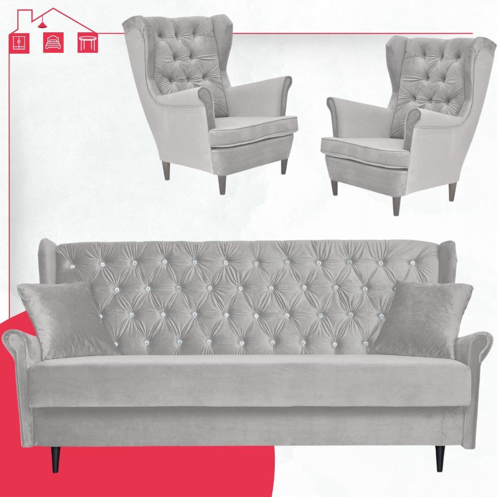 Zestaw wypoczynkowy welurowy komplet 2 fotele wersalka SZARY Family Meble