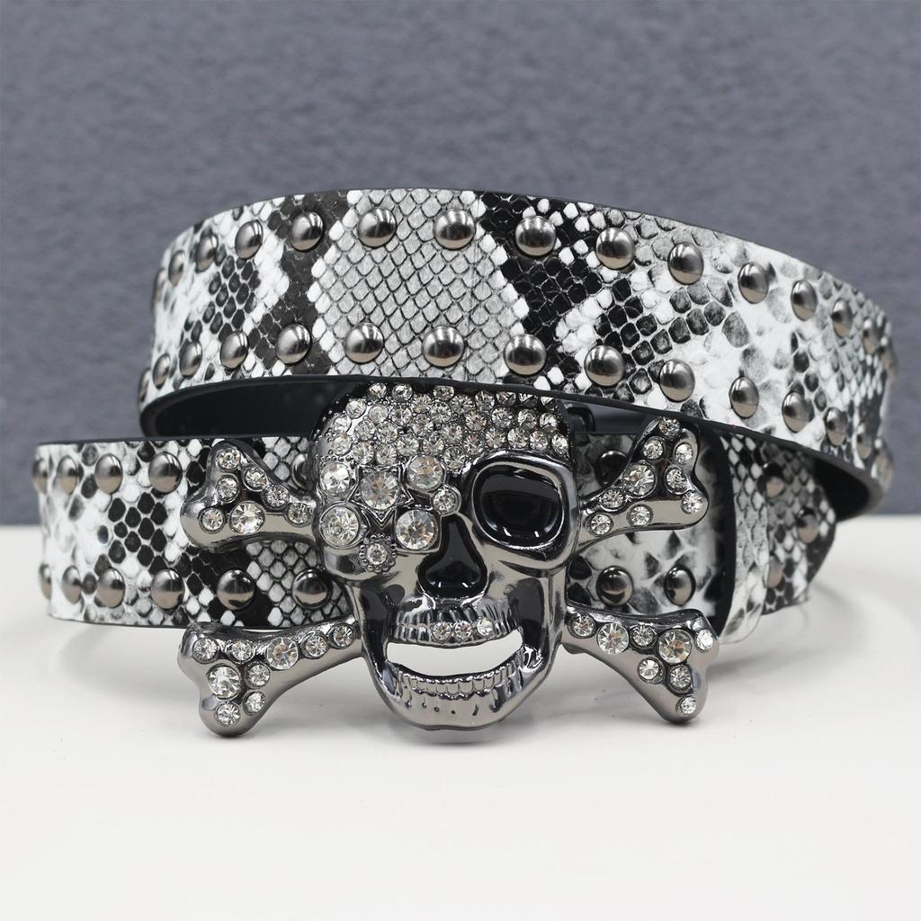 Y2K Rhinestone Skull & Snake Punk Belt - Unisex Leather with Rivet Decoration