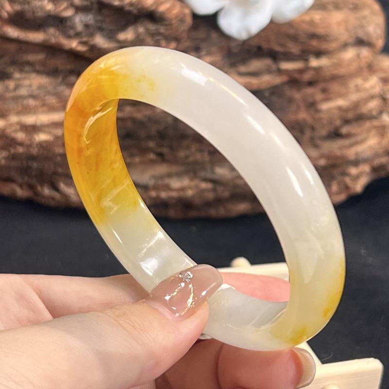 Treated Yellow Jade Bangle for Women - Chicken Fat Ice Jade Bracelet from Myanmar