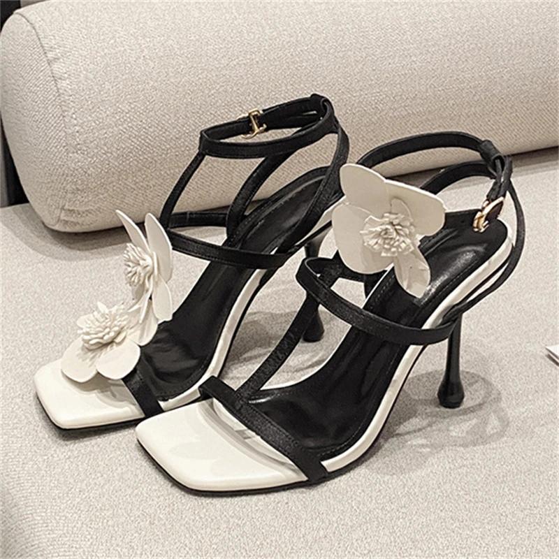 Fashion Eilyken Sexy Thin High Heels Square Toe Women Sandals Summer Flower Narrow Band Shoes Elegant Stripper Party Prom Pumps