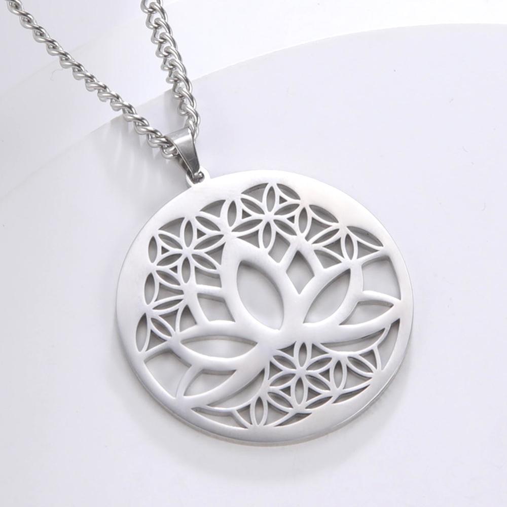 Dawapara Lotus Flower of Life Necklace Stainless Steel Women Jewelry Buddhism Peace Symbol Yoga Meditation Amulet Pendant