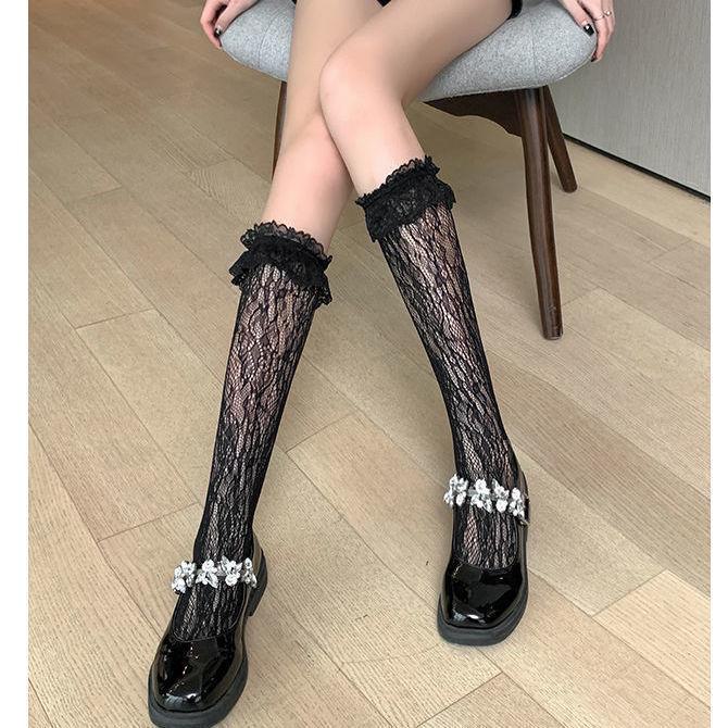 

Жіночі білі мереживні шкарпетки до литок JK Lolita calf, one size чорний