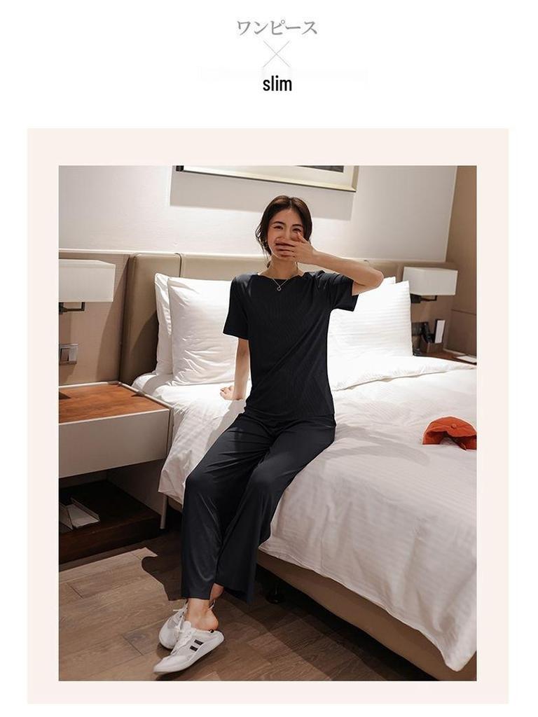 New Women's Solid Color Ice Silk Loungewear Two-Piece Set - Casual Soft Style