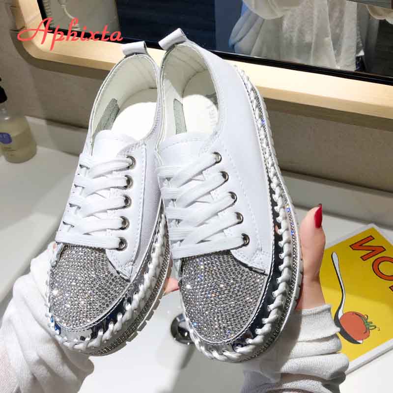 Fashion Aphixta Loafers Shoes Women Luxury Silver Crystal Lace-up Platform Shoes Woman Sequined Cloth Bling Crysta Black Flat Heels Shoe