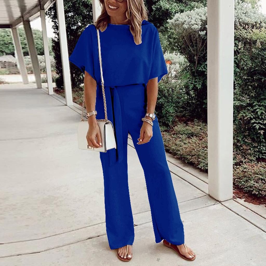 Women Fashion Leisure Solid Color Lace-Up Short Sleeves Female Jumpsuit