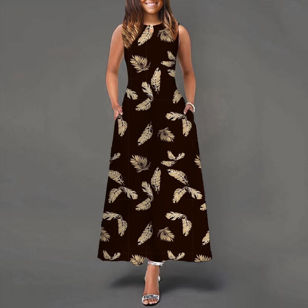 Women's Casual Printing Big Hem Dresswave Round Neck Sleeveless Long Dress