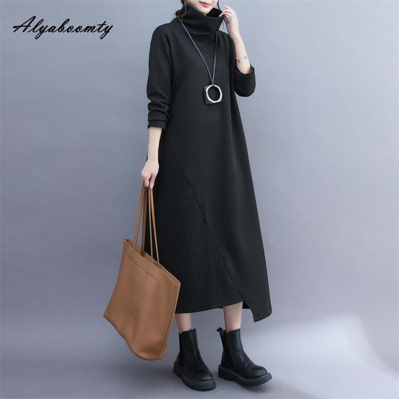 

Корейская мода осень-зима женское платье миди водолазка черное серое повседневное свободное нестандартное платье с длинным рукавом базовое женское платье XL